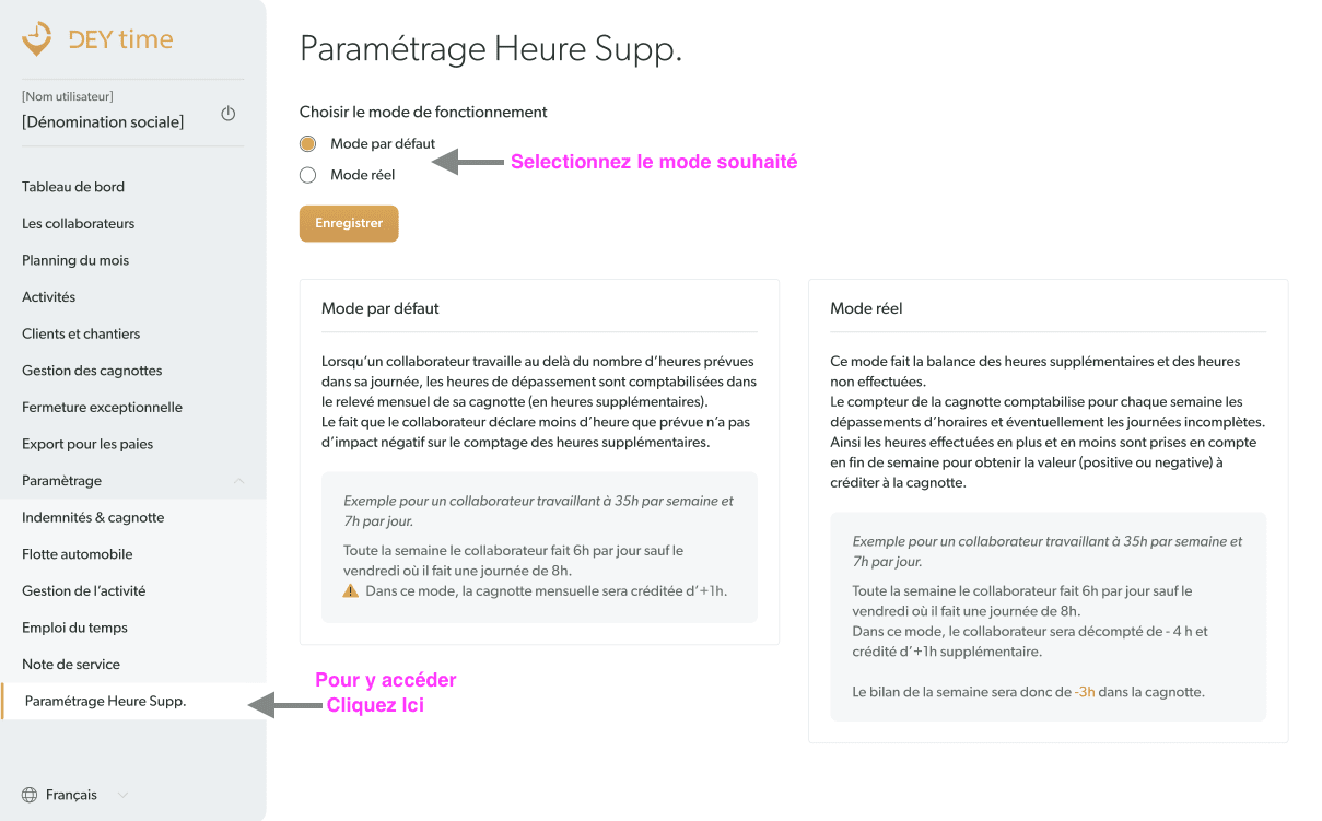 Paramétrez avec précision les heures supplémentaires dans DEYtime pour une gestion transparente et efficace du temps de travail. Choisissez entre le mode par défaut ou le mode réel pour adapter le suivi au fonctionnement de votre entreprise. Simplifiez le suivi des heures et optimisez la gestion des ressources humaines.