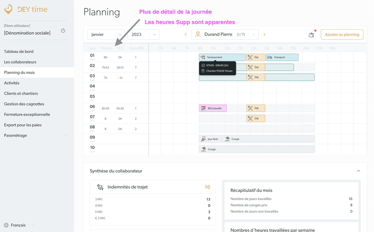 Interface utilisateur intuitive de DEYtime montrant le planning détaillé d'un collaborateur avec visibilité claire sur les heures supplémentaires, les rendez-vous et les congés. Simplifiez la gestion de temps et la préparation des paies avec notre solution complète adaptée aux besoins des entreprises modernes.