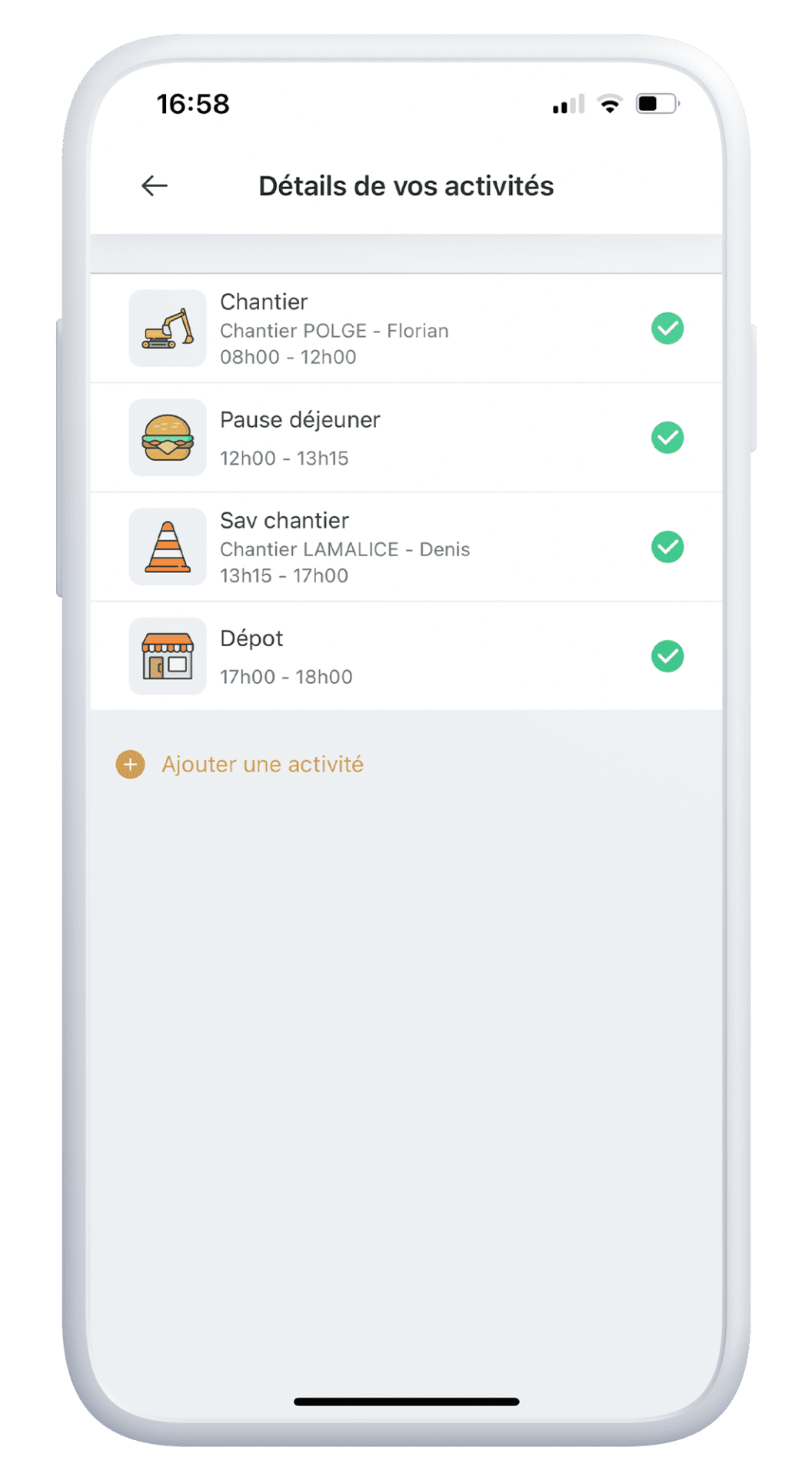 DEYtime offre une gestion précise des activités quotidiennes sur iPhone, permettant aux professionnels de consigner leurs tâches, de la visite de chantier à la pause déjeuner, pour une traçabilité complète et une gestion efficace du temps.